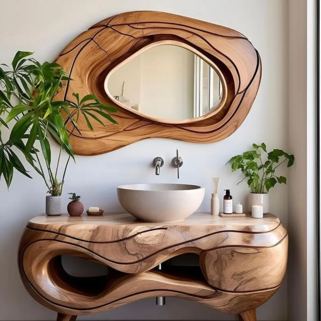 آینه و روشویی چوبی